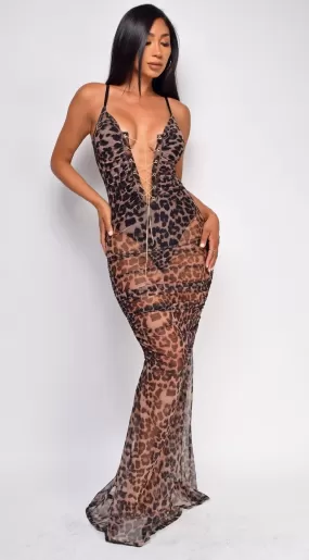 Abito Donna Lungo Sirena Fantasia Animalier Bretelle Scollo V Tulle Trasparente Elegante Sensuale