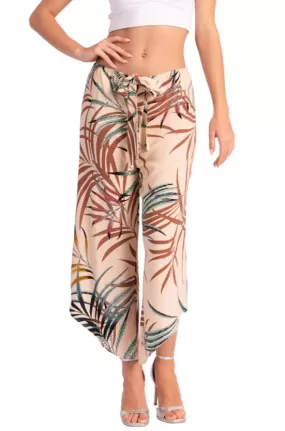 Beige Waist Tie Tropical Print Asymmetric Cropped Pants