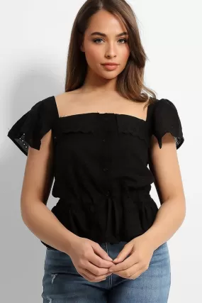 Black Crochet Details Drawstring Waist Top