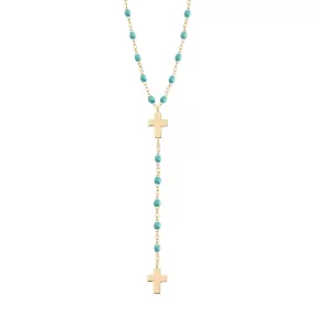 Cross Charm Classic Gigi Turquoise Green rosary, Yellow Gold, 16.5"