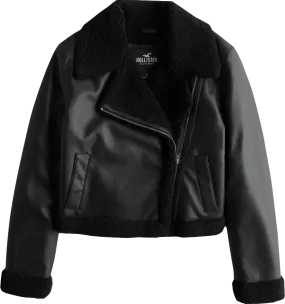 Hollister Black Crop Sherpa-lined Faux Leather Biker Jacket BNWT  UK XS