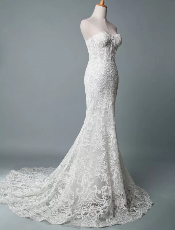 Lace Wedding Dress Mermaid Sweetheart Strapless Sleeveless Floor Length With Train Bridal Dresses