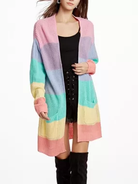 Long Rainbow Color Loose Women Cardigan Sweater