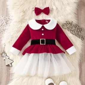 Toddler Kids Girls Solid Color Lapel Long Sleeve Mesh Stitching Christmas Dress