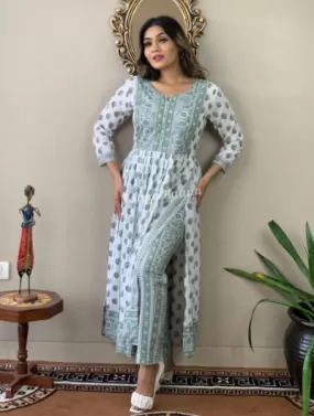 White Green Long Cotton Kurti Pant Set of 2